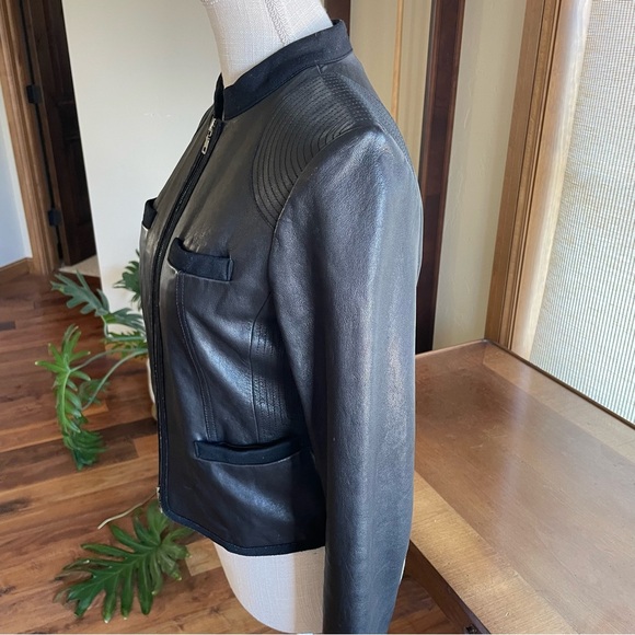 Diane Von Furstenberg DVF Black Leather Moto Lady Jacket Zip Front Round Collar - Picture 2 of 14